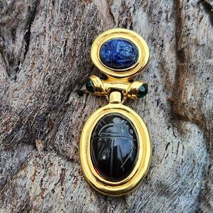 Vintage Givenchy Gold Tone Scarab Sodalite Green Glass Egyptian Revival Pendant